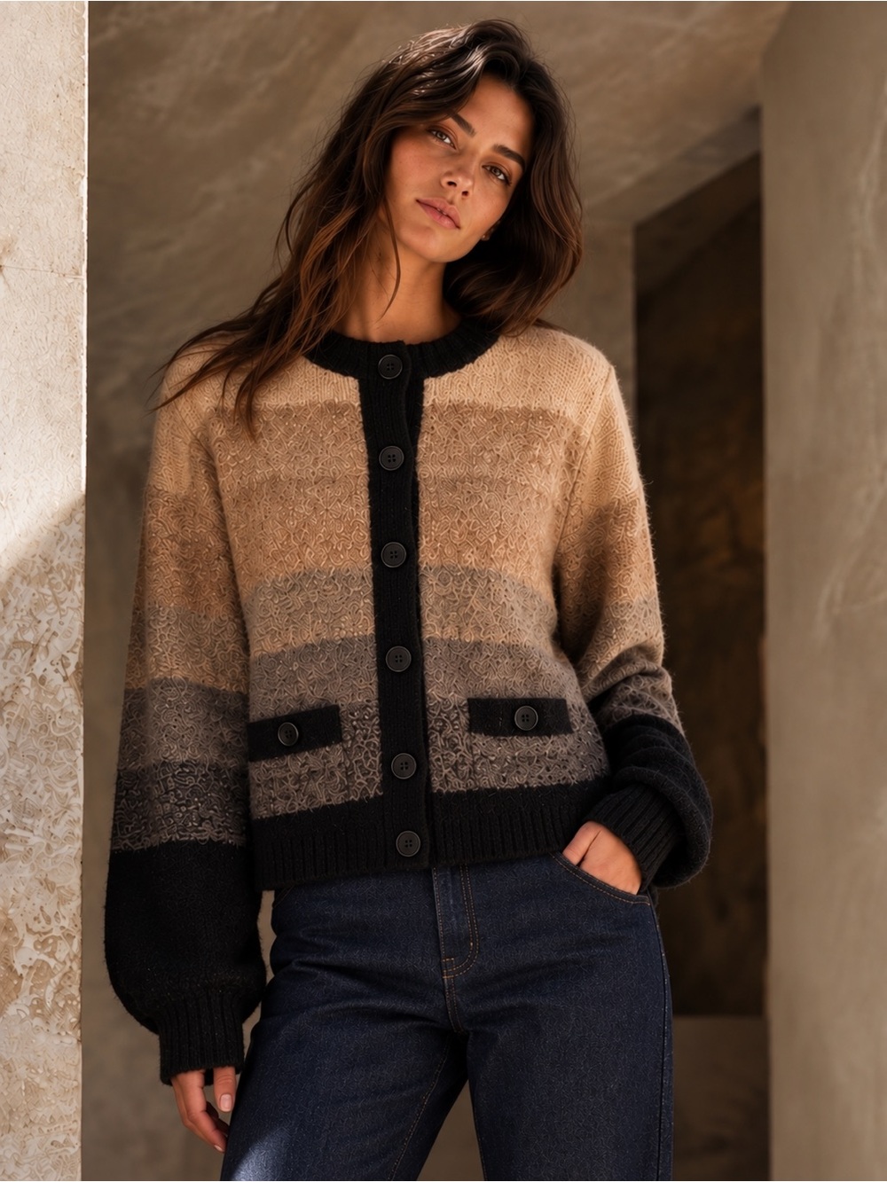 Nation LTD Alpaca Wool Ombré Colorblock Berenice Cardigan in Black Brown, Size S
